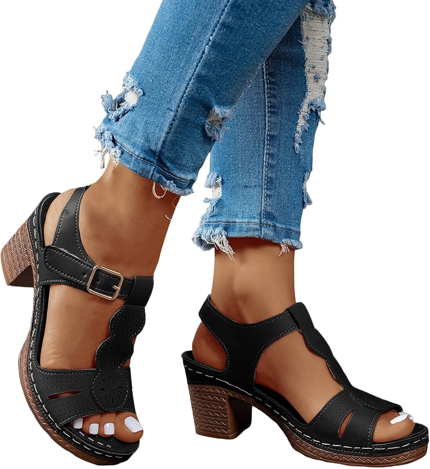 Thick Heel Round Toe Women's Shoes Fashionable And Casual Hollow Straps Outdoor Wear Open Funky Monkey Shoes for Women