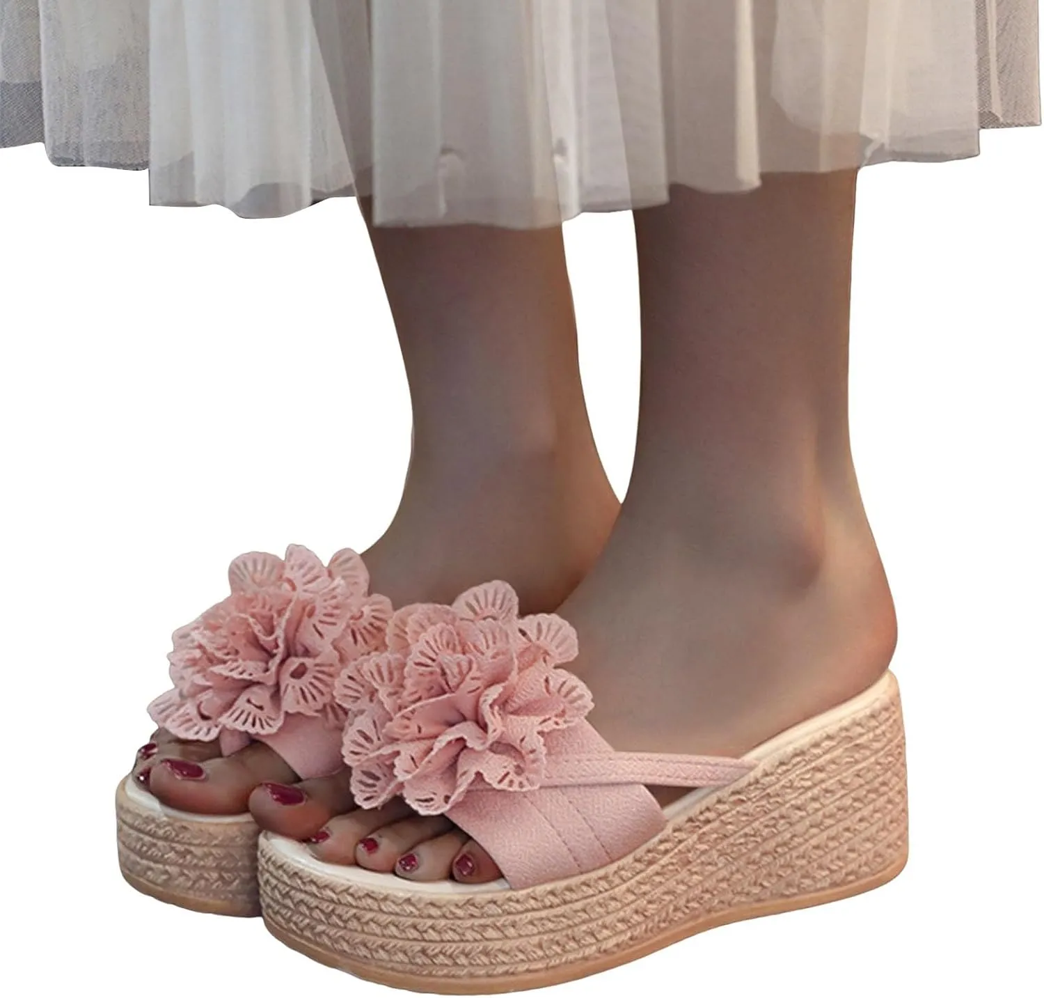 Thick Soled Wedge Heeled Women's Slippers Fashionable And Casual Lace Flower One Strap Cute Comfy Sandals for Women