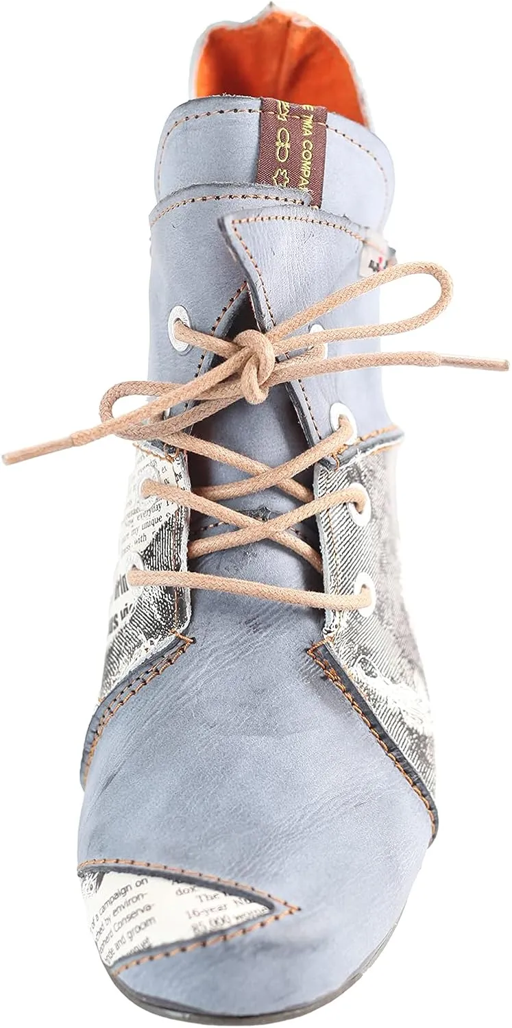 TMA EYES Lace Up Newspaper Print Leather Women's Ankle Boots