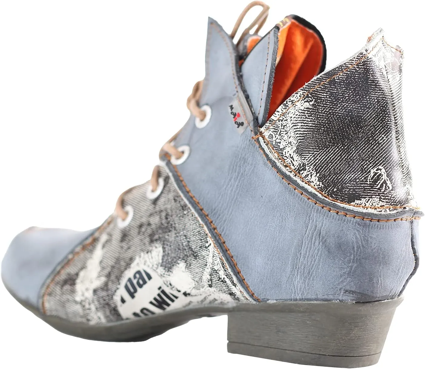 TMA EYES Lace Up Newspaper Print Leather Women's Ankle Boots