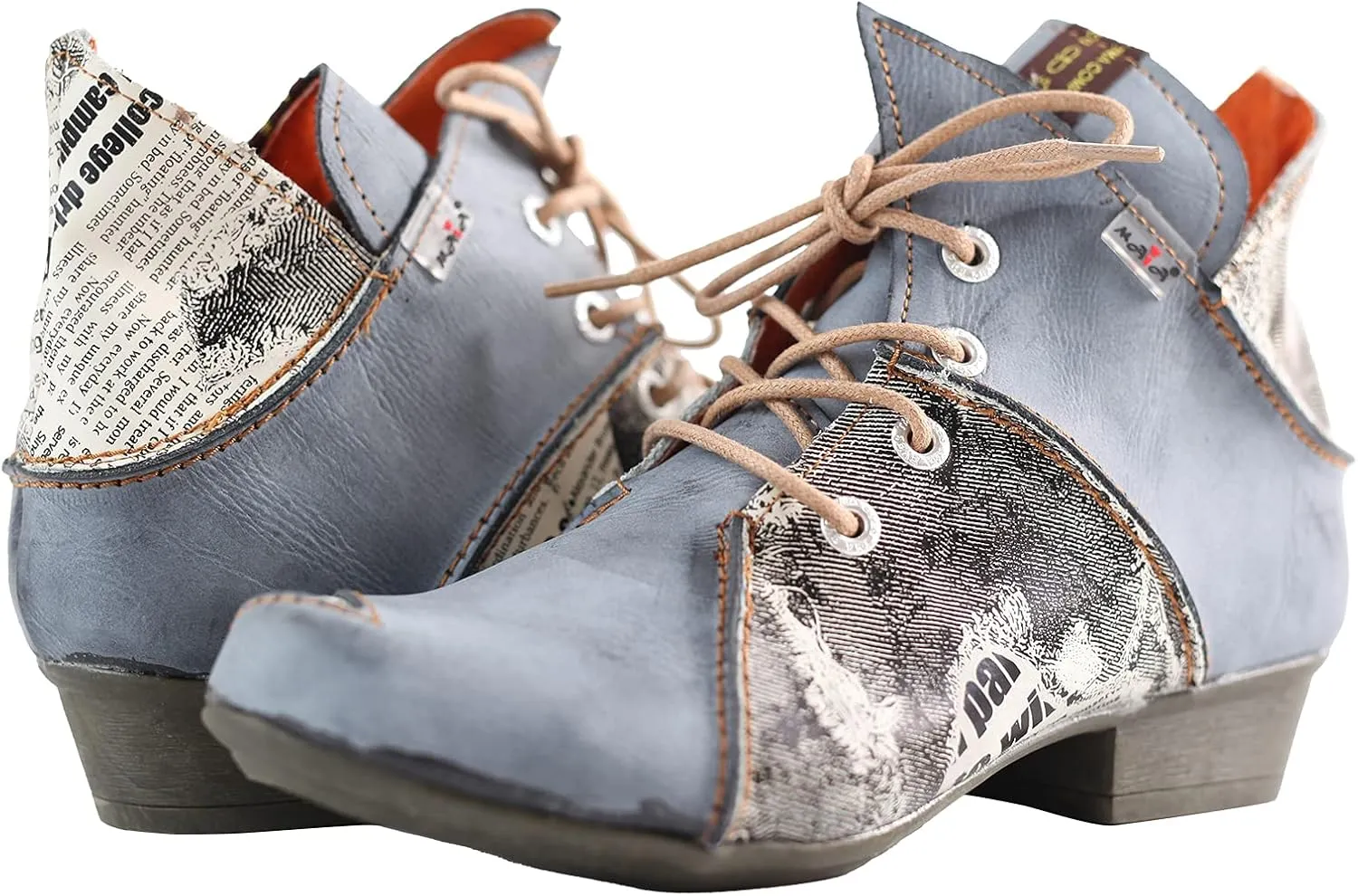 TMA EYES Lace Up Newspaper Print Leather Women's Ankle Boots
