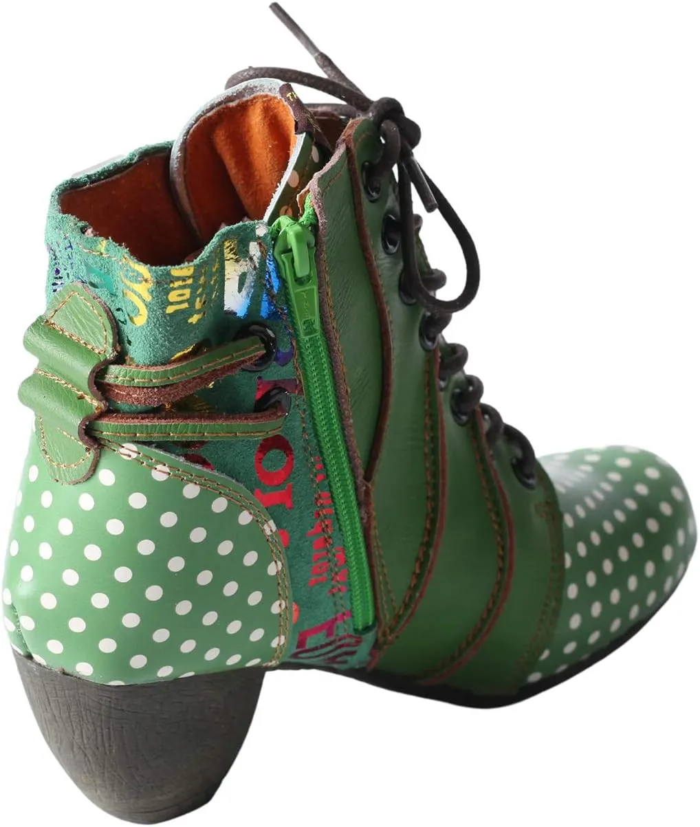 TMA EYES Polka Dot LEather Women Boots With Moccasin Hand Stitching
