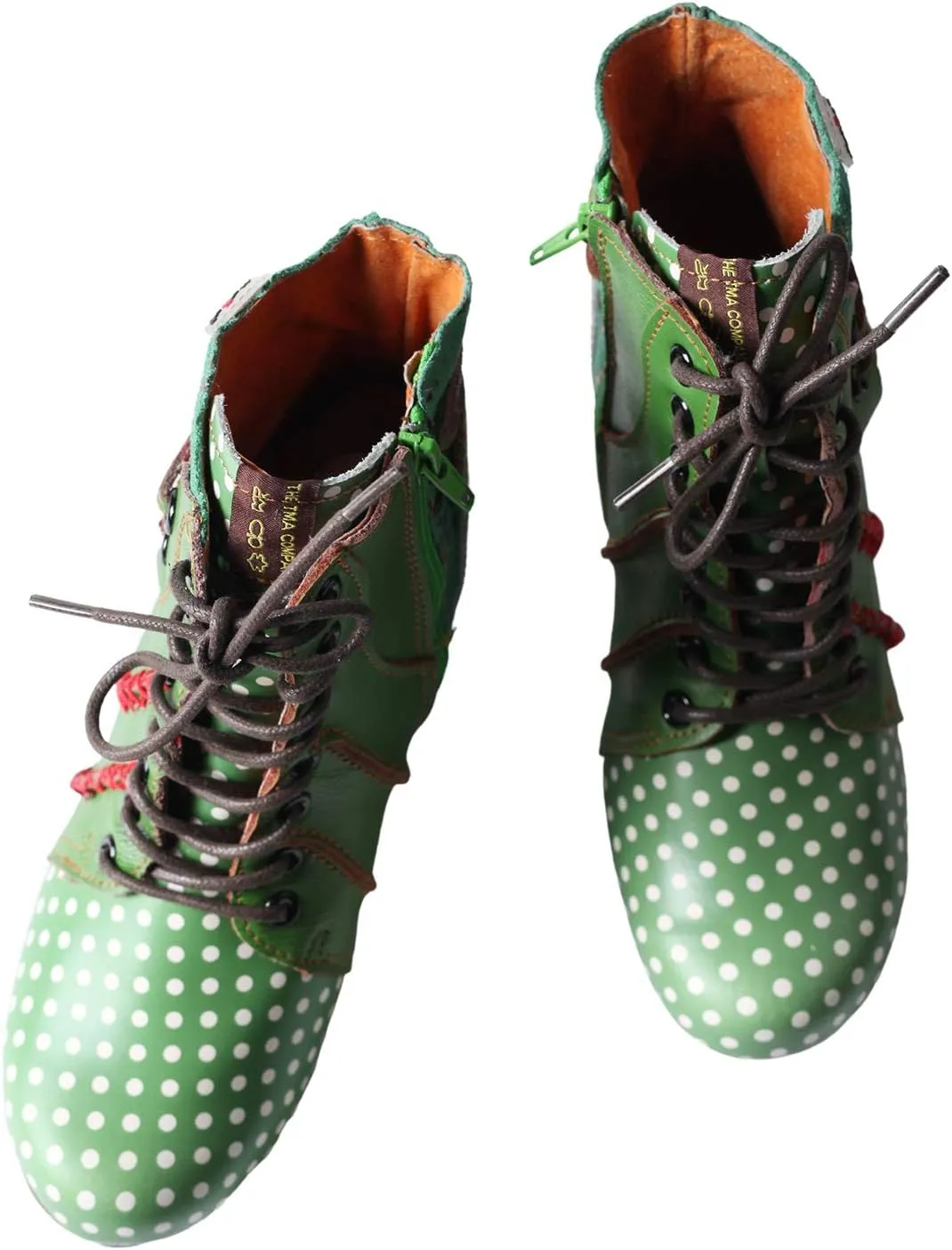 TMA EYES Polka Dot LEather Women Boots With Moccasin Hand Stitching