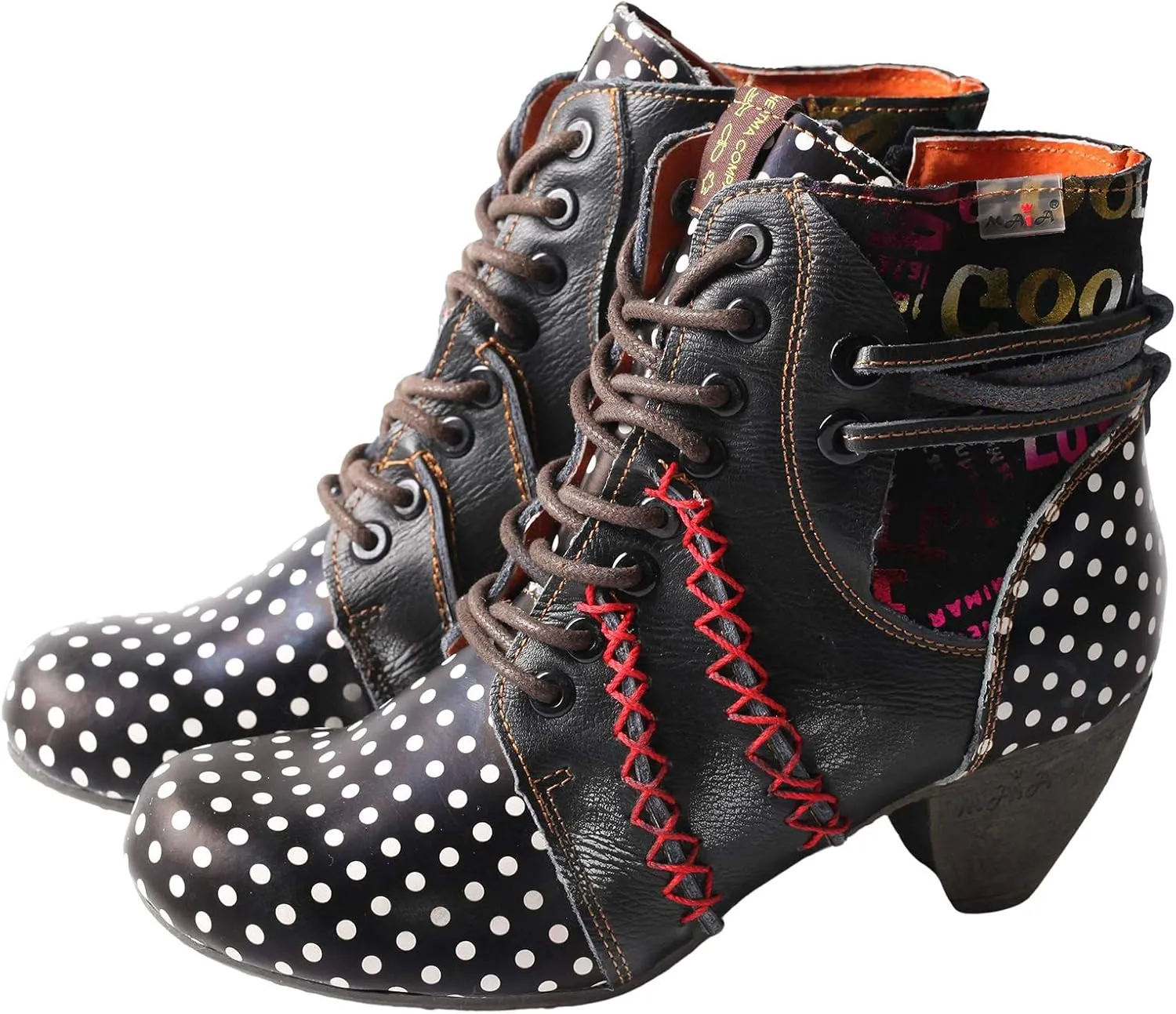 TMA EYES Polka Dot LEather Women Boots With Moccasin Hand Stitching