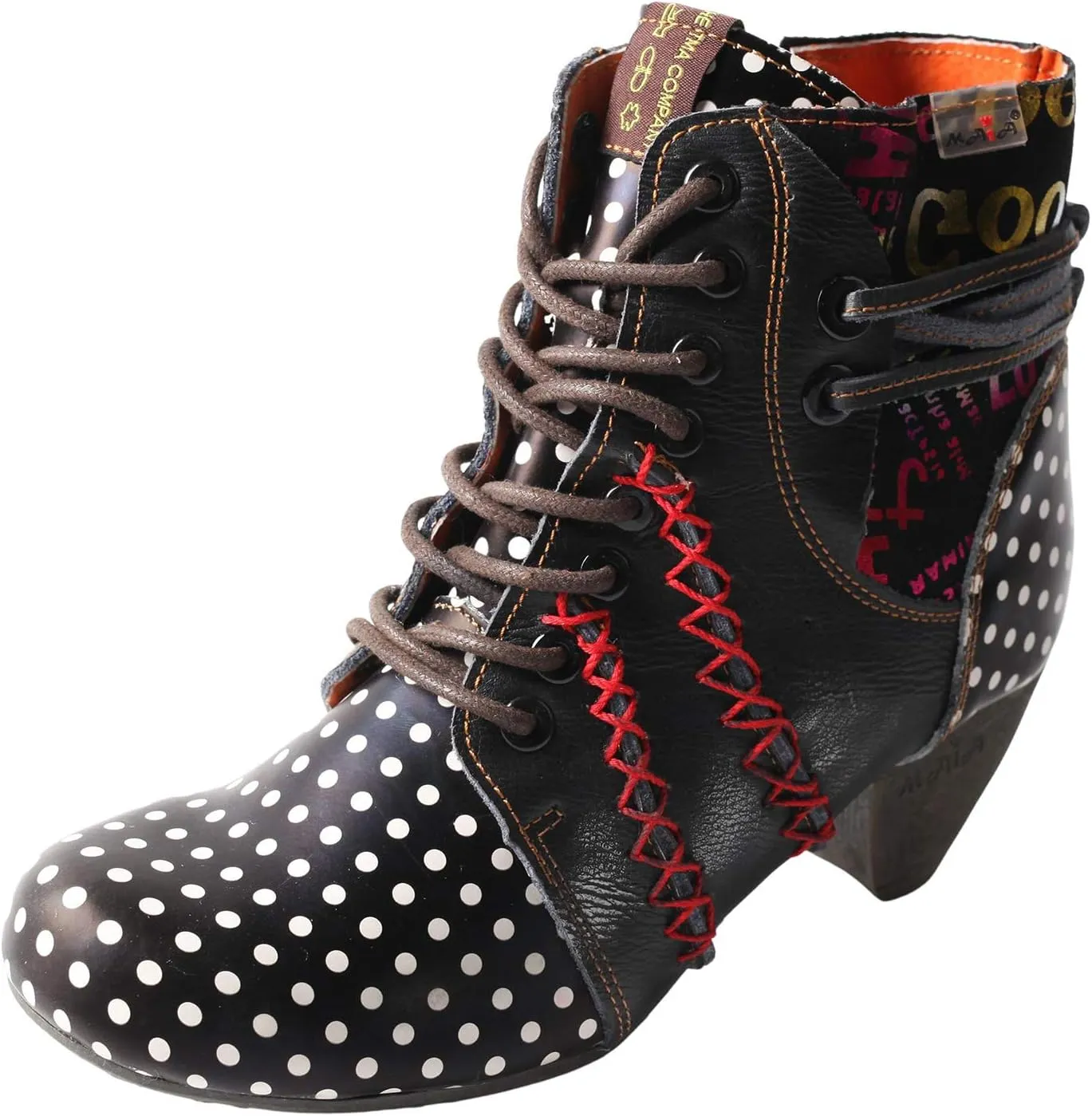 TMA EYES Polka Dot LEather Women Boots With Moccasin Hand Stitching