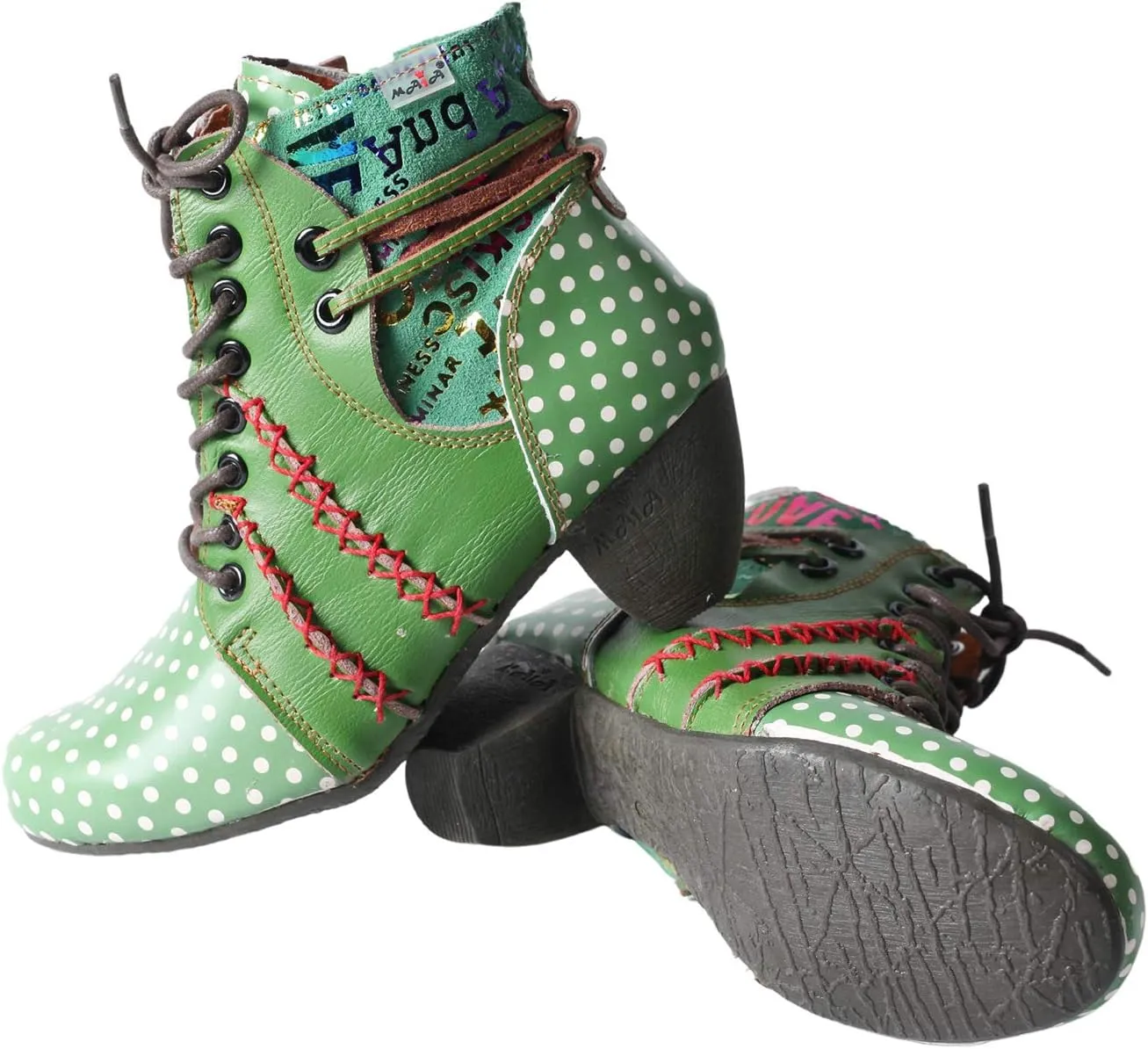 TMA EYES Polka Dot LEather Women Boots With Moccasin Hand Stitching