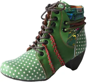 TMA EYES Polka Dot LEather Women Boots With Moccasin Hand Stitching