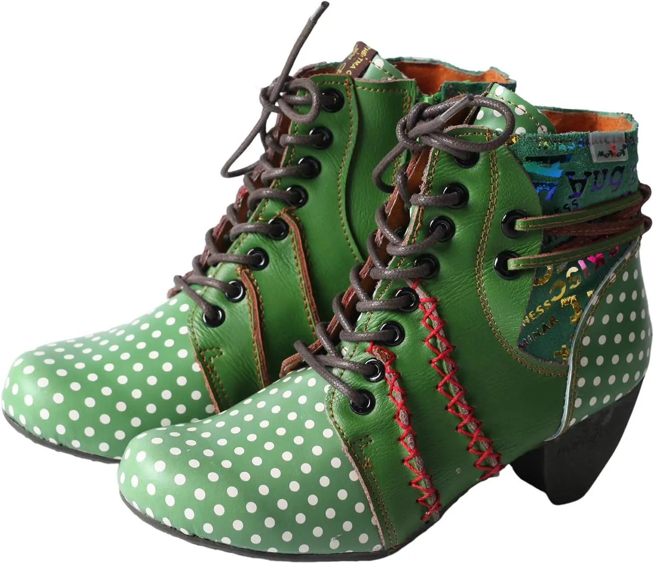 TMA EYES Polka Dot LEather Women Boots With Moccasin Hand Stitching