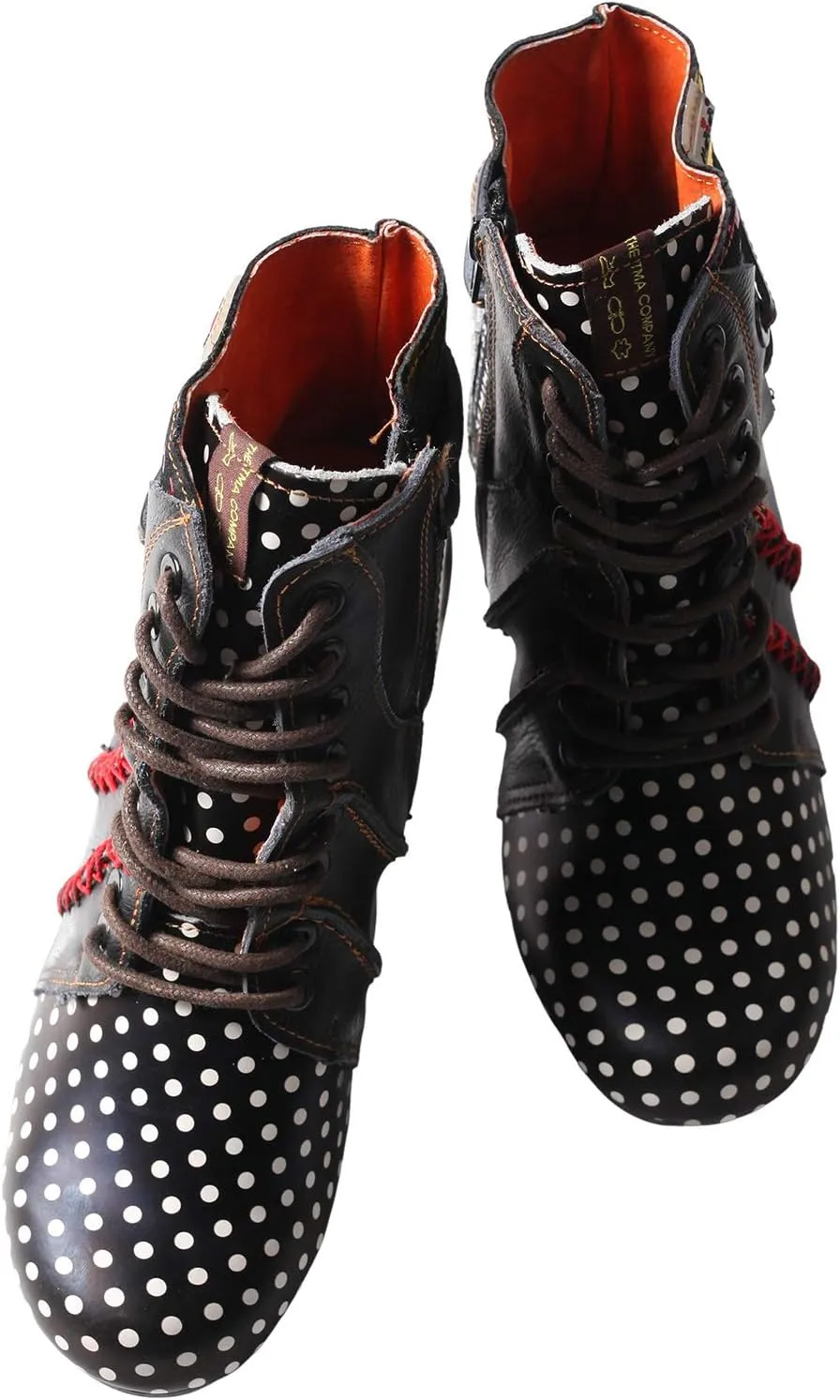TMA EYES Polka Dot LEather Women Boots With Moccasin Hand Stitching