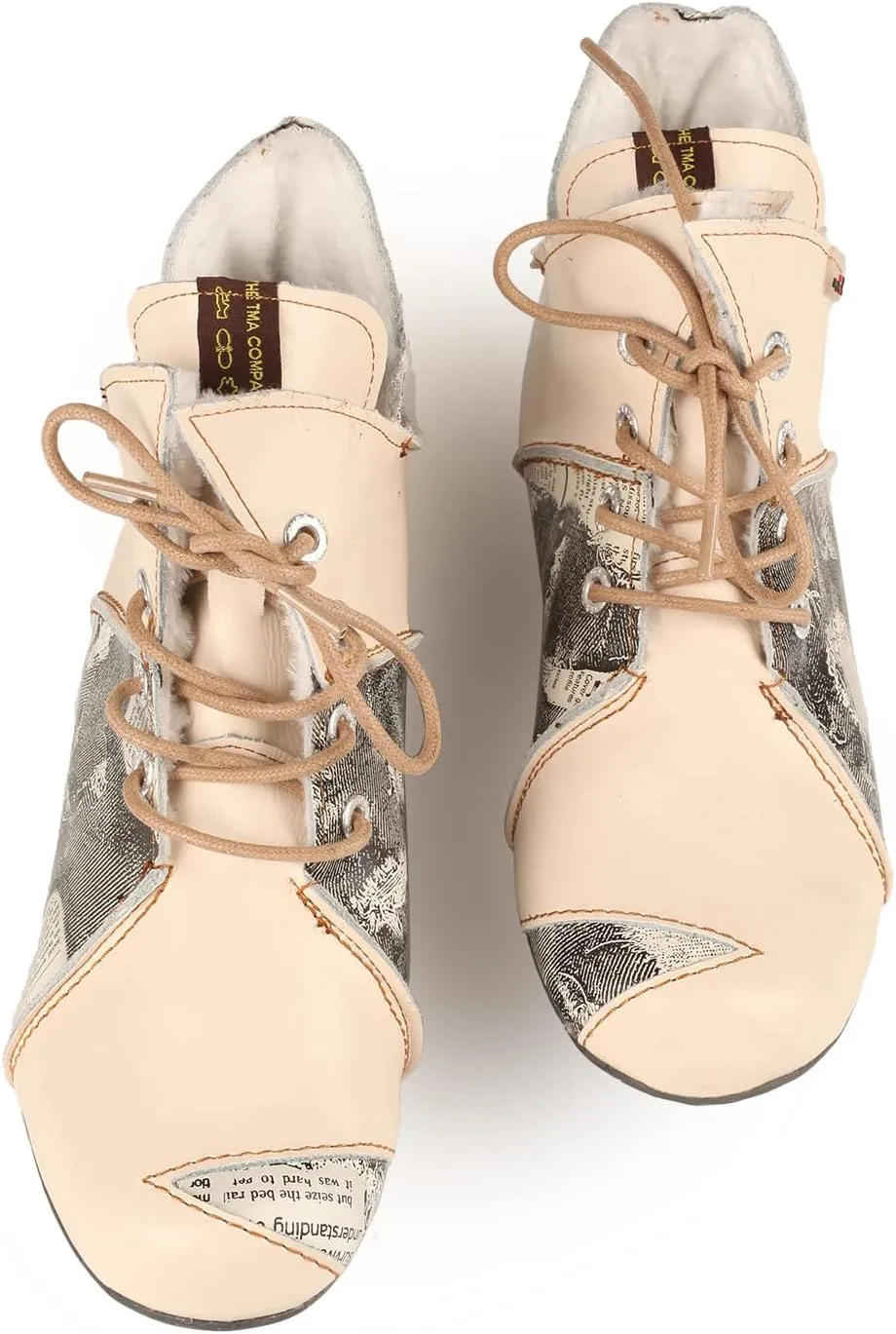 TMA EYES Women's Ankle Boots V Cutout Patchwork Booties Low Heel Lace-up Boots