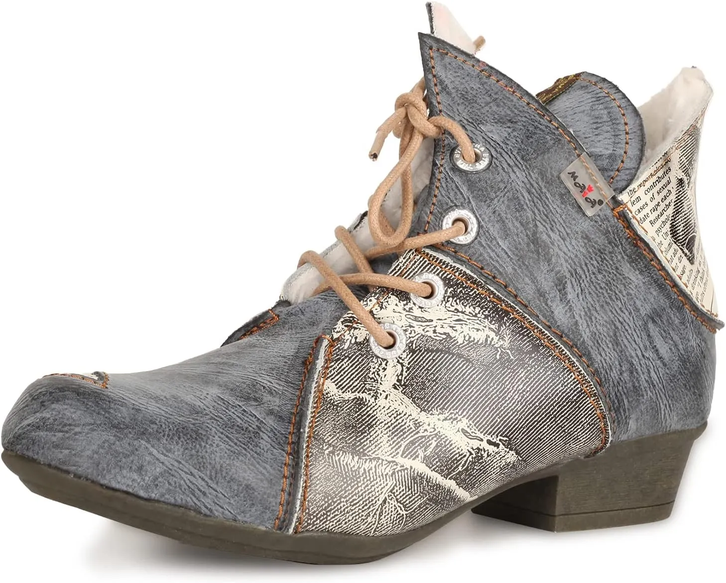 TMA EYES Women's Ankle Boots V Cutout Patchwork Booties Low Heel Lace-up Boots