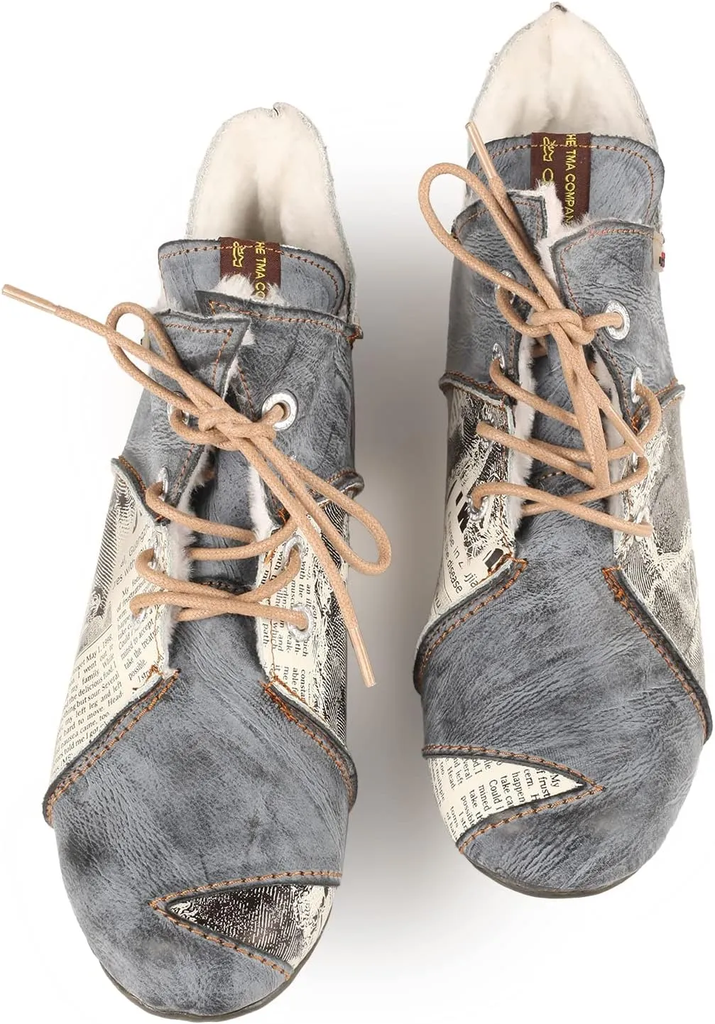 TMA EYES Women's Ankle Boots V Cutout Patchwork Booties Low Heel Lace-up Boots