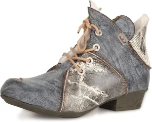TMA EYES Women's Ankle Boots V Cutout Patchwork Booties Low Heel Lace-up Boots