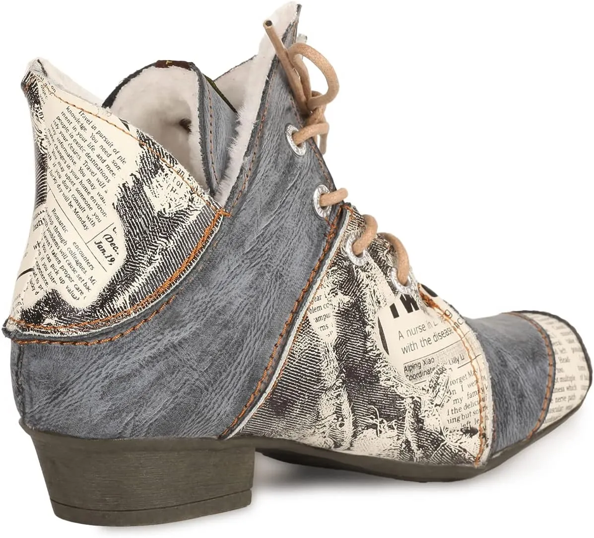 TMA EYES Women's Ankle Boots V Cutout Patchwork Booties Low Heel Lace-up Boots