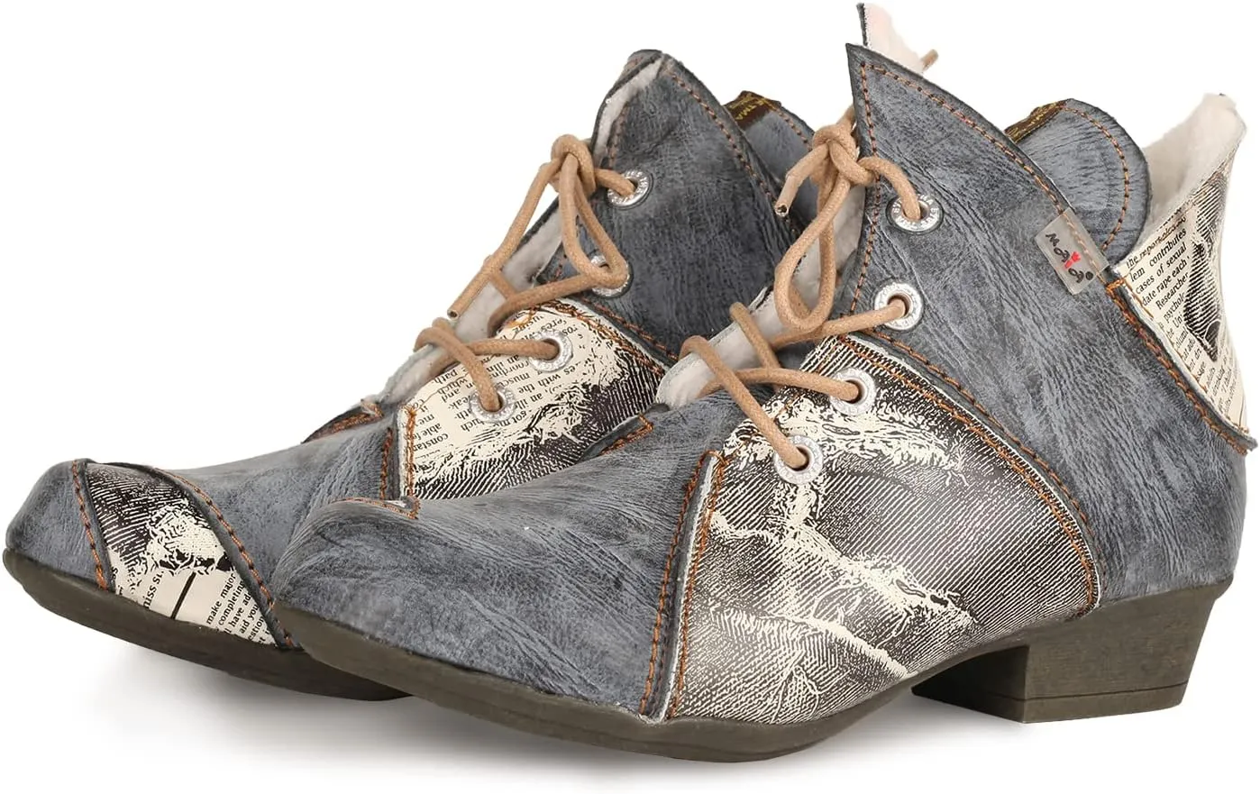 TMA EYES Women's Ankle Boots V Cutout Patchwork Booties Low Heel Lace-up Boots