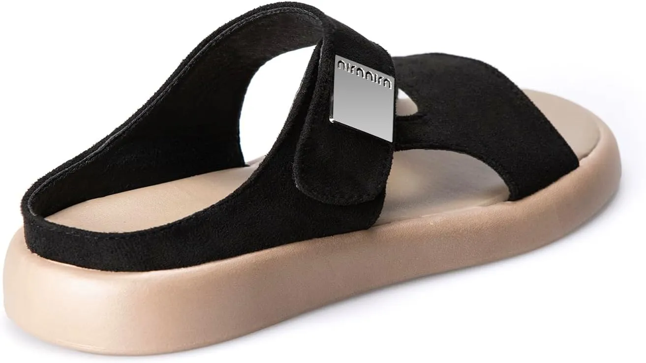 TOCONFFON Women's Flat Slides Sandals Comfort Adjustable Double Strap Slip on Soft Leather Slippers