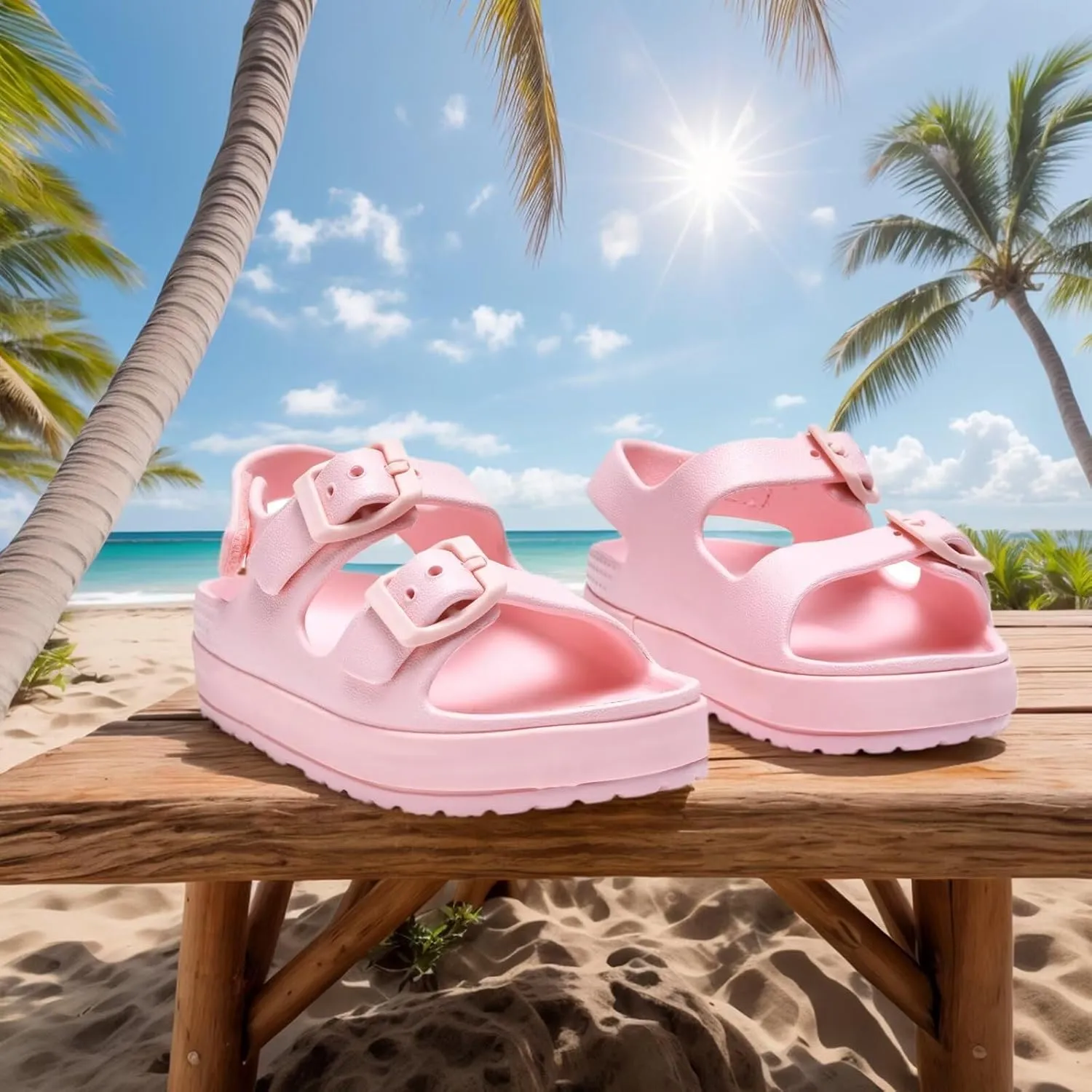 Toddler Boys Girls Double Buckle Sandals Open Toe Flat Slide Kids With Adjustable Back Strap Beach Slippers Children Beach Slippers Children