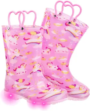 Toddler Kids Rain Boots Boys Girls Light Up Waterproof Boot with Handles