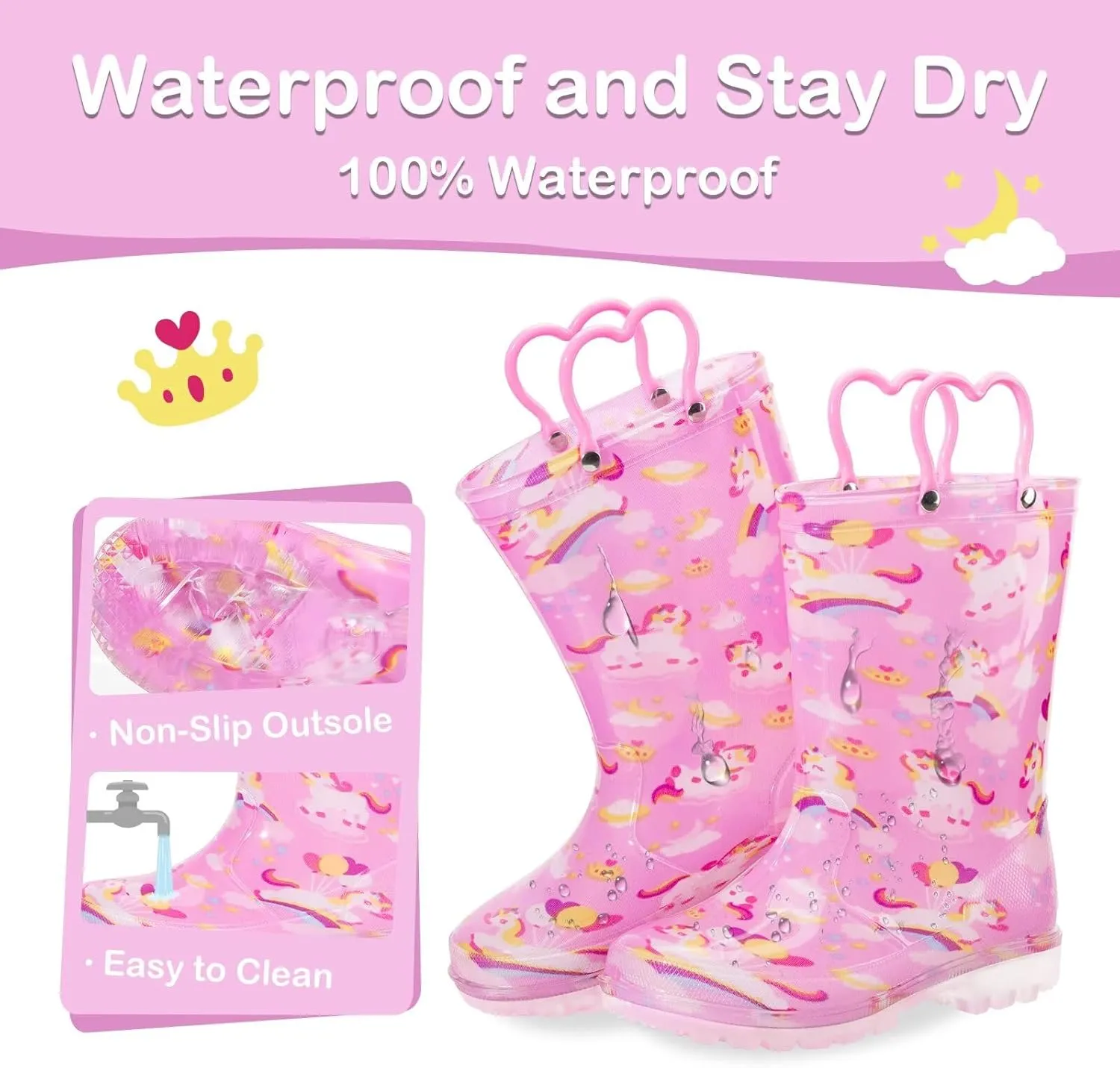 Toddler Kids Rain Boots Boys Girls Light Up Waterproof Boot with Handles