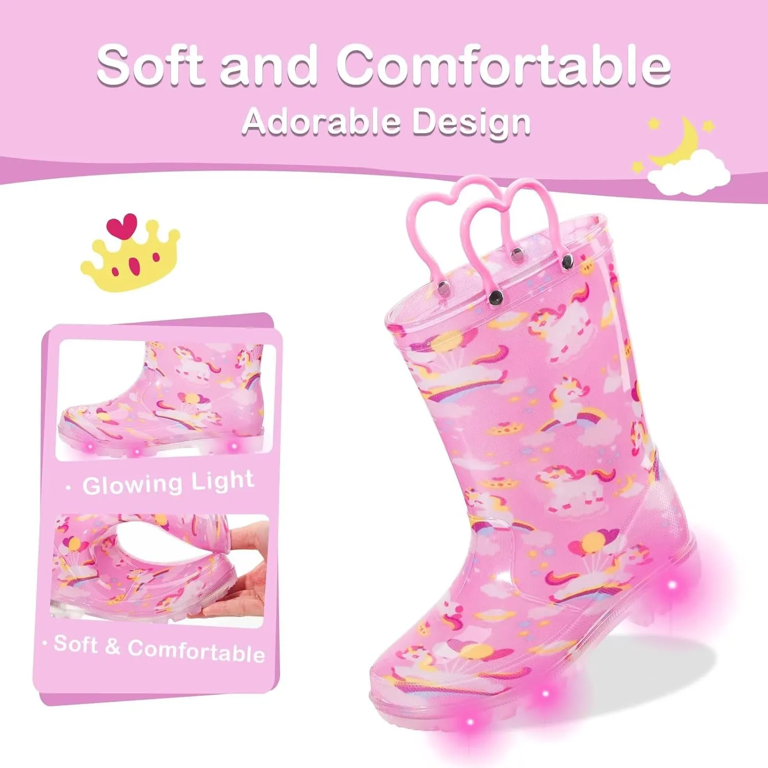 Toddler Kids Rain Boots Boys Girls Light Up Waterproof Boot with Handles