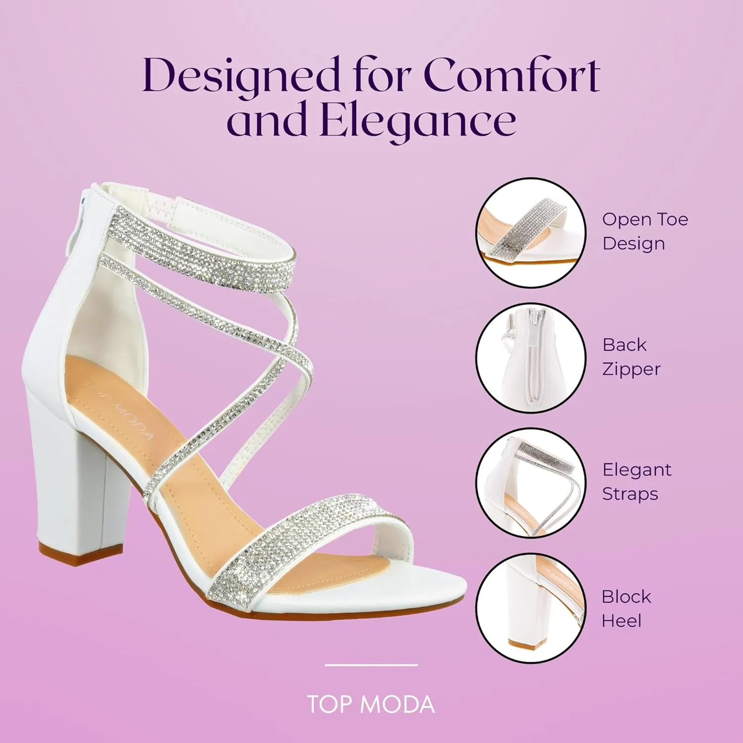 TOP Moda Rosa-66 Ankle Strap Dressy High Heel Sandal, Non-slip Sole, For Wedding, Party, Prom, Evening Wear, or Any Occasion, Sleek Style Block Heel Sandals