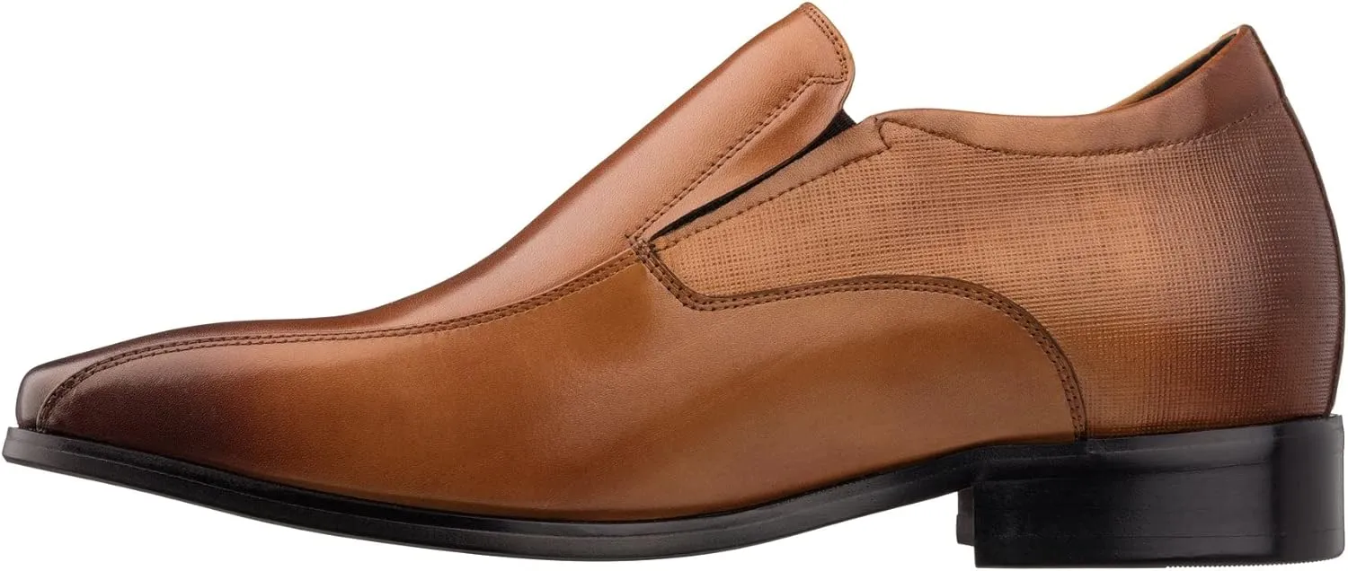 TOTO Men's Invisible Height Increasing Elevator Shoes - Brown Leather Slip-on Formal Dress Loafers- 2.2 Inches Taller - Y6362 - Size 6 D(M) US