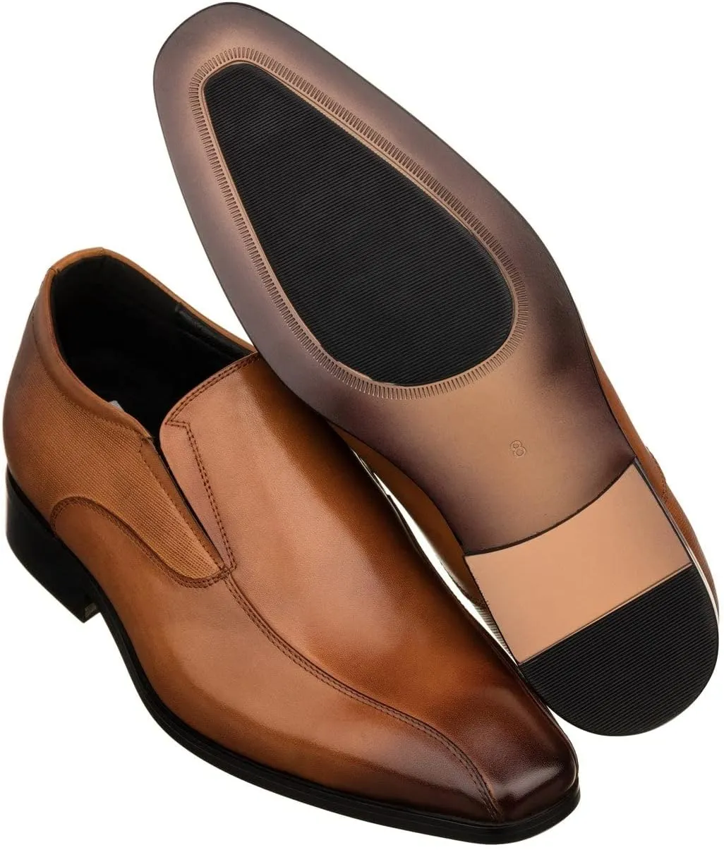 TOTO Men's Invisible Height Increasing Elevator Shoes - Brown Leather Slip-on Formal Dress Loafers- 2.2 Inches Taller - Y6362 - Size 6 D(M) US