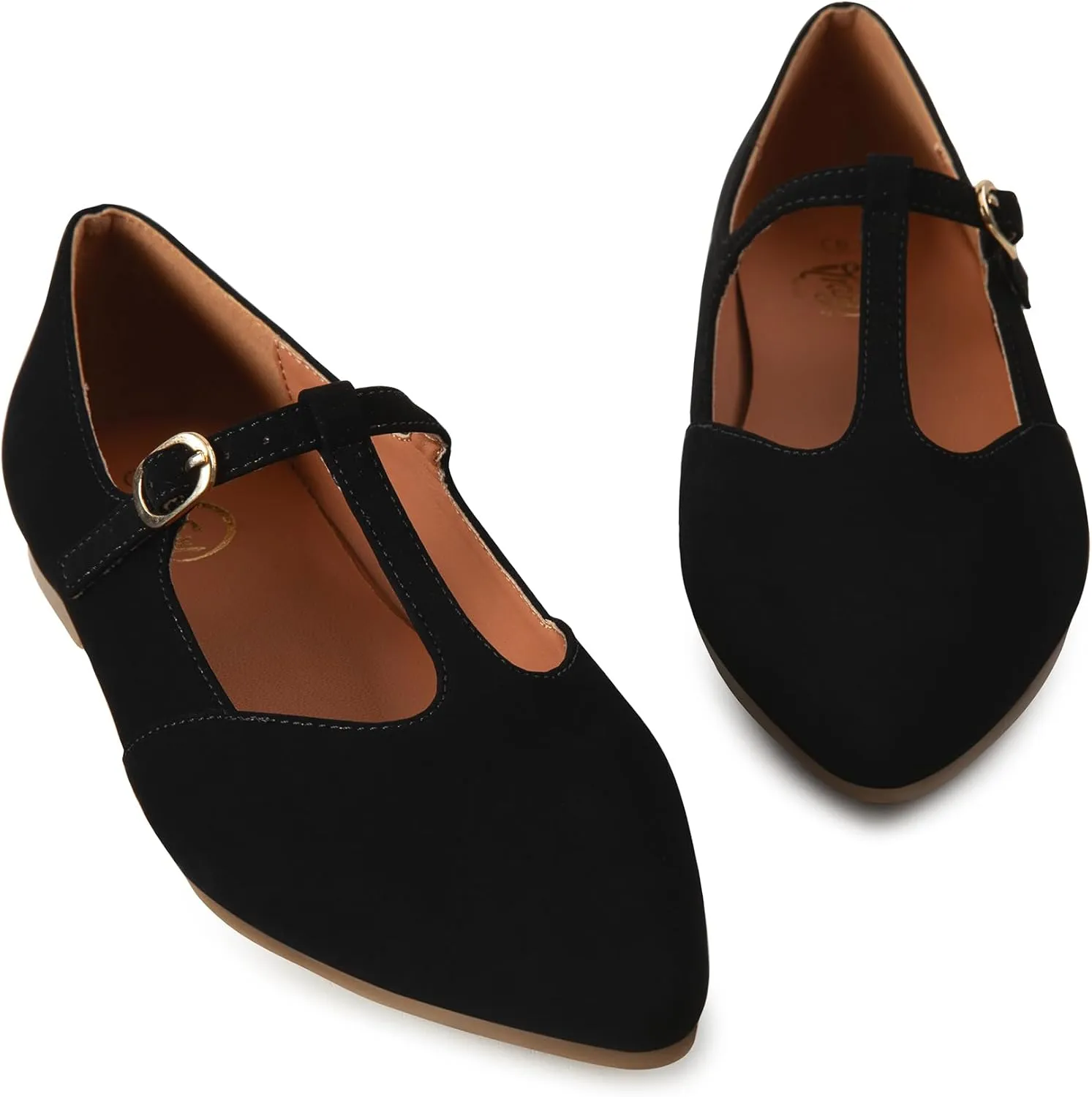 Trary Women's Black Mary Jane T-Strap Ballet Flats, Pointed Toe, Comfortable, Adjustable Buckle, Business Casual, US Size 7-12