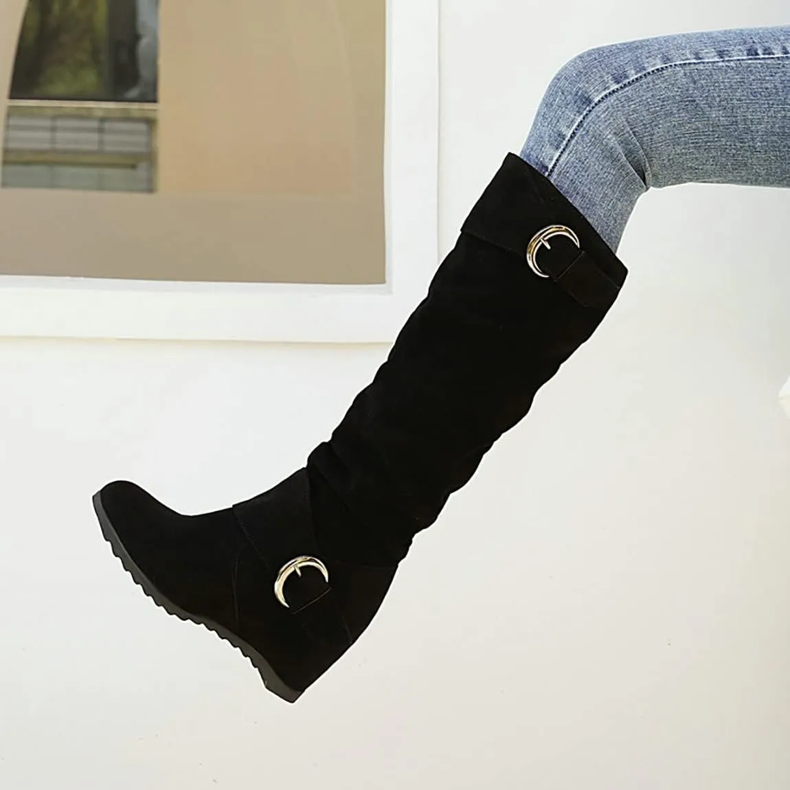 Trendenzy Womens Slouch Knee High Wedge Boots Slip On Round Toe Buckle Long Boots