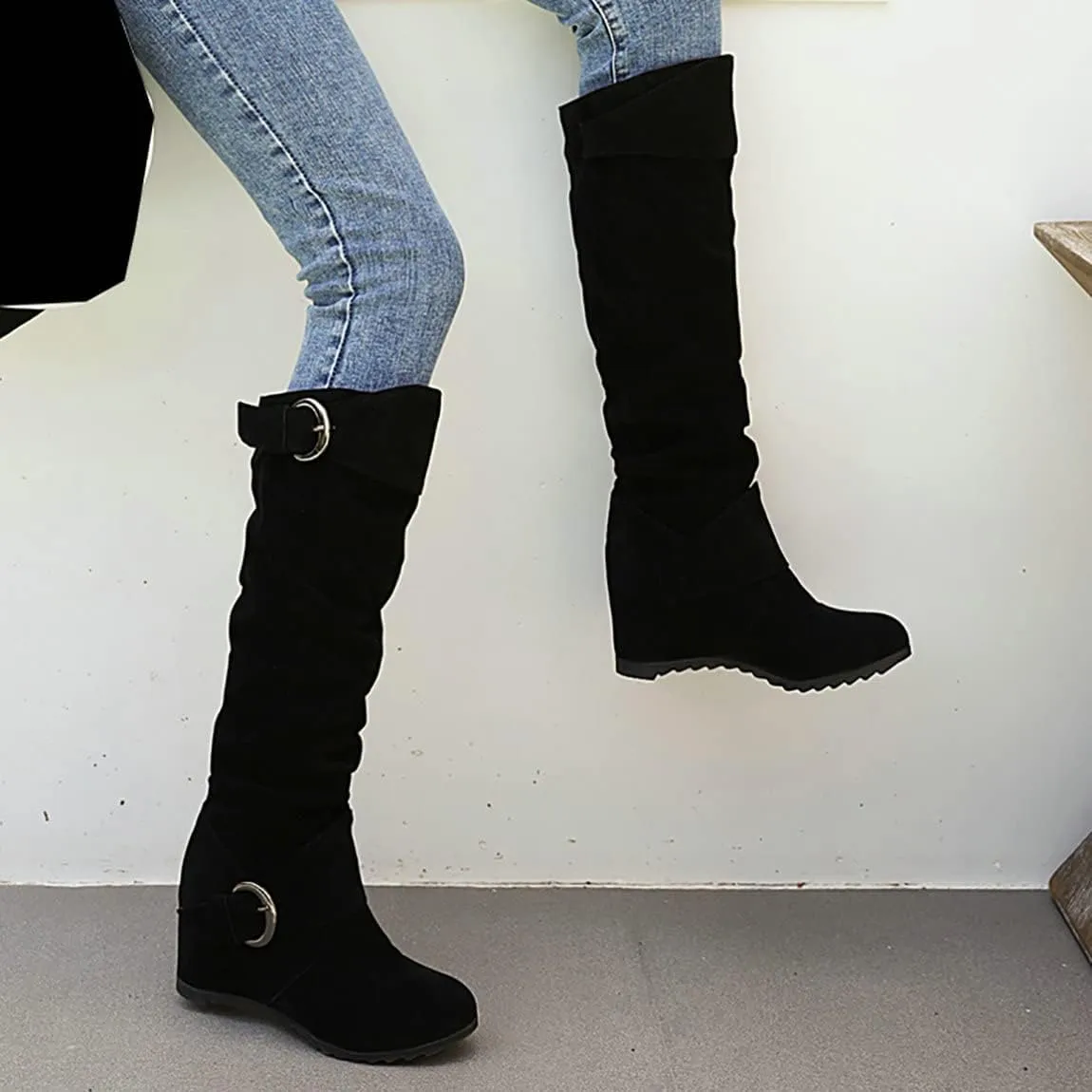 Trendenzy Womens Slouch Knee High Wedge Boots Slip On Round Toe Buckle Long Boots