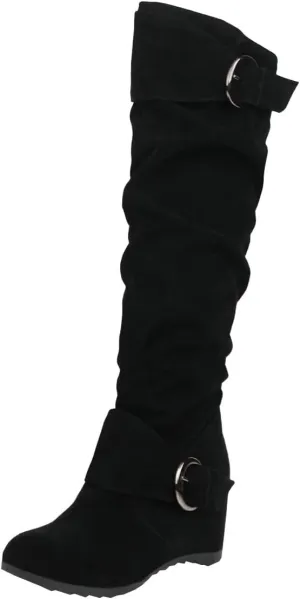 Trendenzy Womens Slouch Knee High Wedge Boots Slip On Round Toe Buckle Long Boots