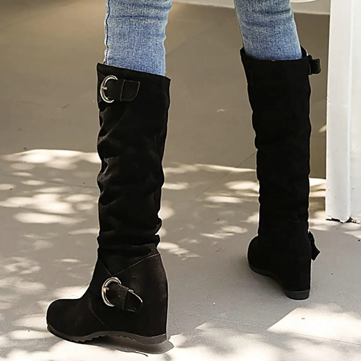 Trendenzy Womens Slouch Knee High Wedge Boots Slip On Round Toe Buckle Long Boots