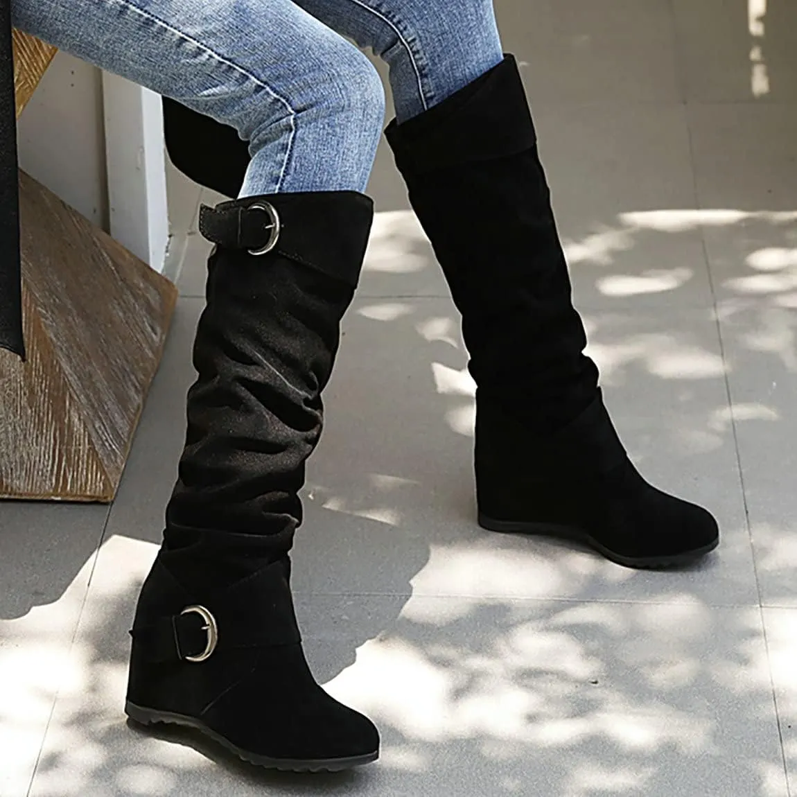 Trendenzy Womens Slouch Knee High Wedge Boots Slip On Round Toe Buckle Long Boots