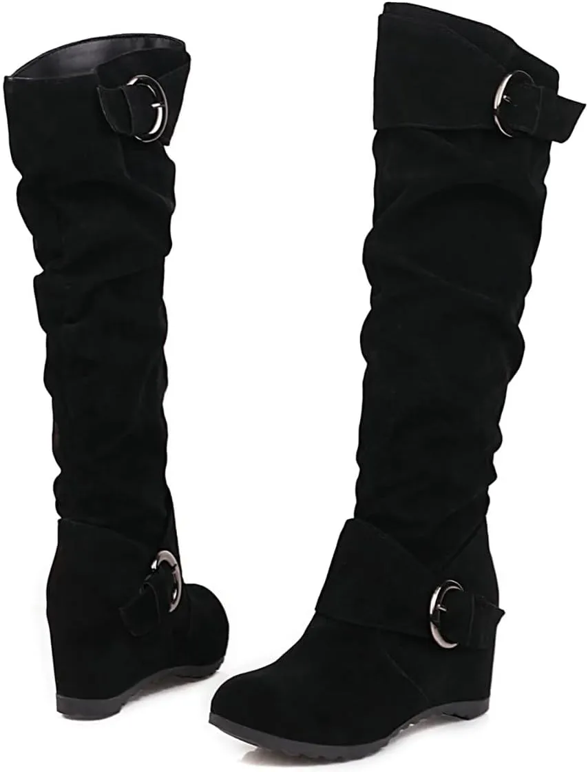 Trendenzy Womens Slouch Knee High Wedge Boots Slip On Round Toe Buckle Long Boots