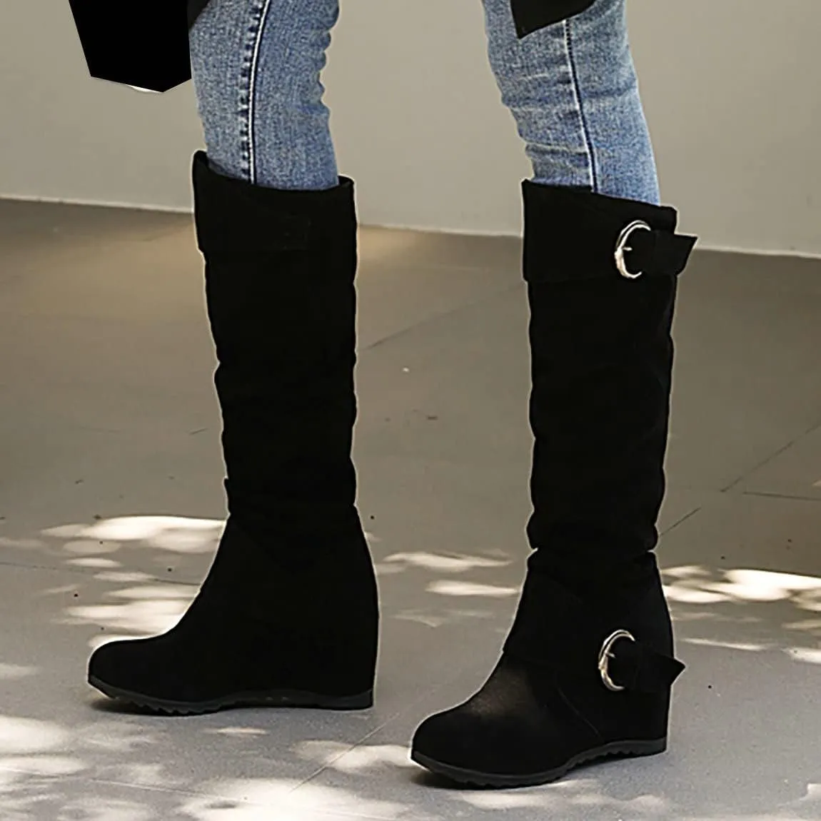Trendenzy Womens Slouch Knee High Wedge Boots Slip On Round Toe Buckle Long Boots