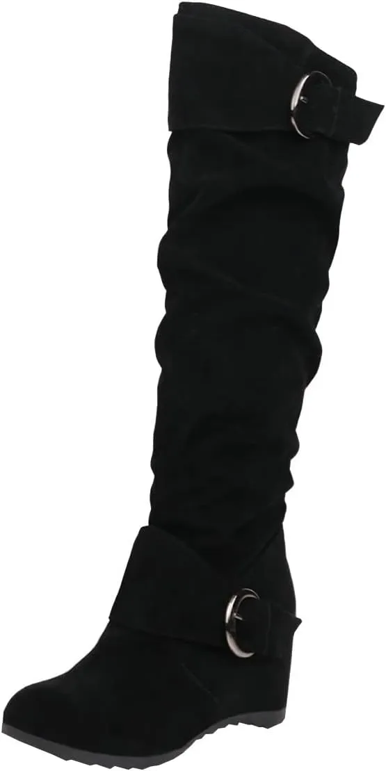 Trendenzy Womens Slouch Knee High Wedge Boots Slip On Round Toe Buckle Long Boots