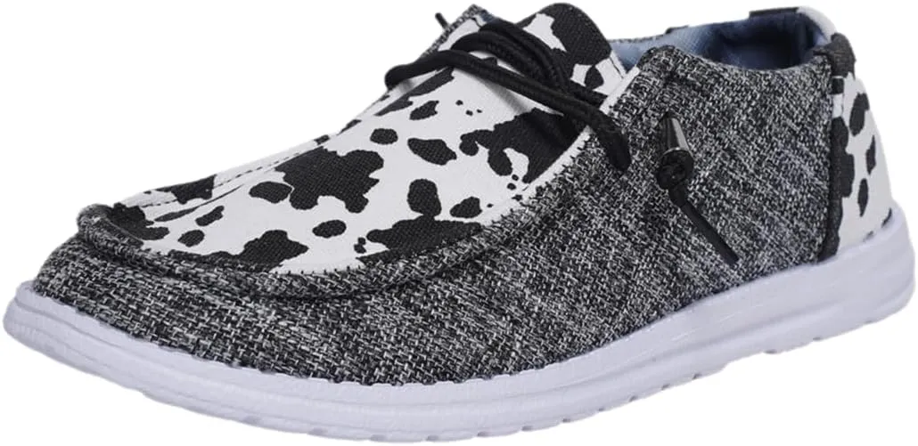 Unisex-Adult Cow Print Loafers Comfortable Boat Shoes Easy Slip On Lightweight Deck Shoes Elastic Laces Outdoor Slip On Flat Shoes Breathable Canvas Shoes Sneakers for Men Women, Black