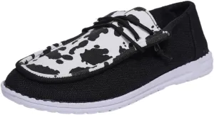 Unisex-Adult Cow Print Loafers Comfortable Boat Shoes Easy Slip On Lightweight Deck Shoes Elastic Laces Outdoor Slip On Flat Shoes Breathable Canvas Shoes Sneakers for Men Women, Black