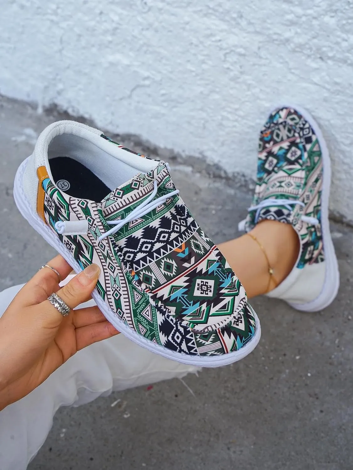 Unisex-Adult Geometric Aztec Loafers Comfortable Boat Shoes Easy Slip On Lightweight Deck Shoes Elastic Laces Outdoor Flat Shoes Breathable Canvas Shoes Sneakers for Men Women, Green