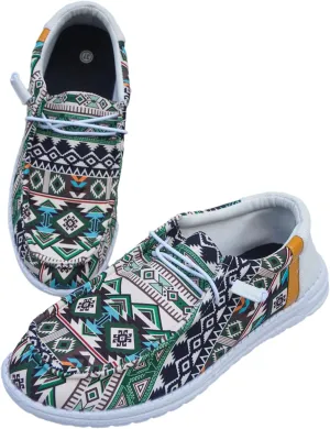 Unisex-Adult Geometric Aztec Loafers Comfortable Boat Shoes Easy Slip On Lightweight Deck Shoes Elastic Laces Outdoor Flat Shoes Breathable Canvas Shoes Sneakers for Men Women, Green