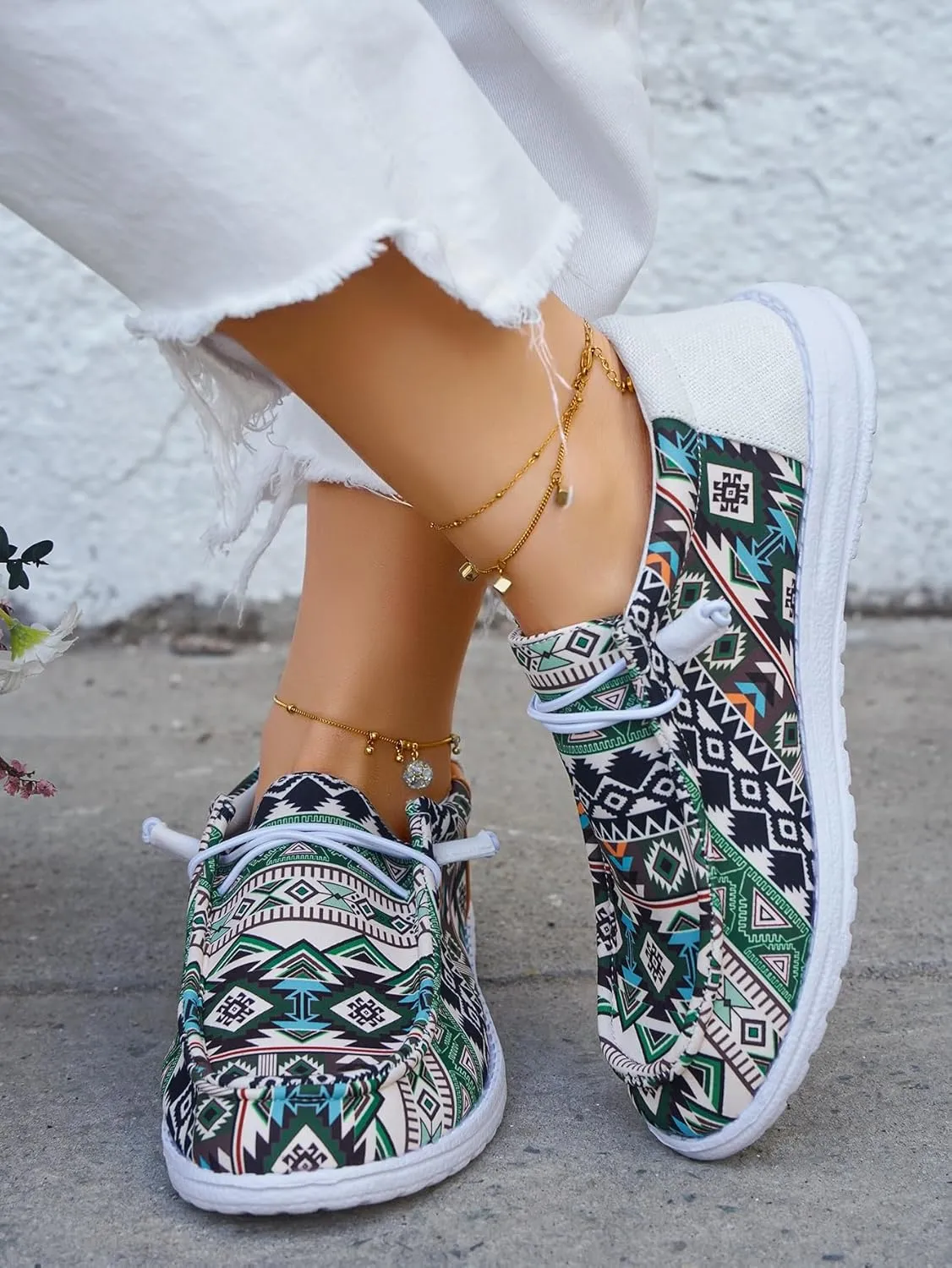 Unisex-Adult Geometric Aztec Loafers Comfortable Boat Shoes Easy Slip On Lightweight Deck Shoes Elastic Laces Outdoor Flat Shoes Breathable Canvas Shoes Sneakers for Men Women, Green