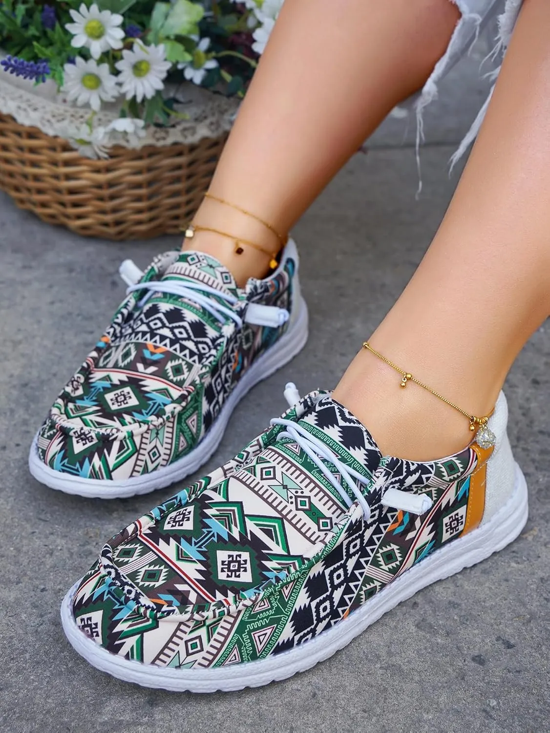 Unisex-Adult Geometric Aztec Loafers Comfortable Boat Shoes Easy Slip On Lightweight Deck Shoes Elastic Laces Outdoor Flat Shoes Breathable Canvas Shoes Sneakers for Men Women, Green