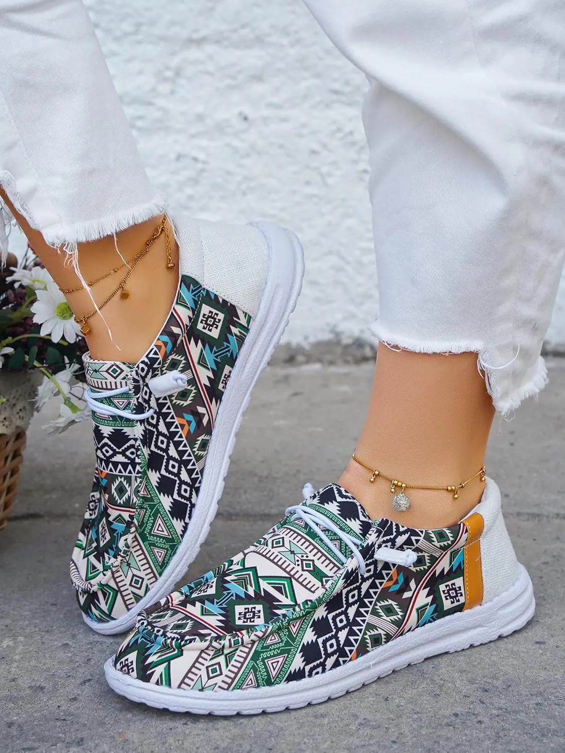 Unisex-Adult Geometric Aztec Loafers Comfortable Boat Shoes Easy Slip On Lightweight Deck Shoes Elastic Laces Outdoor Flat Shoes Breathable Canvas Shoes Sneakers for Men Women, Green