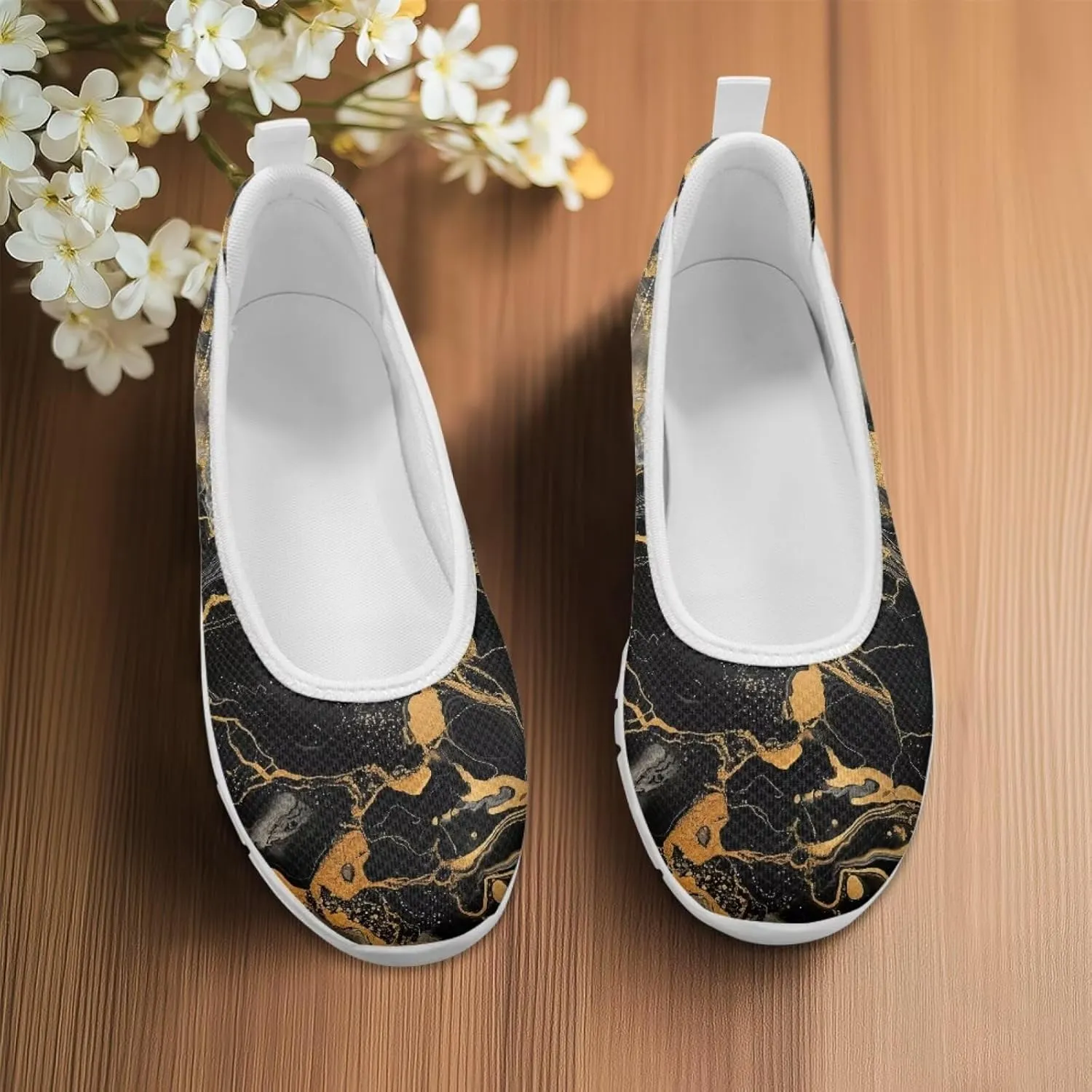 Various Stylish Marble Print Ballet Flats Shoes for Women Round Toe Slip On Mesh Casual Sneakers Fit Comfort Outdoor Walking Platform Loafers