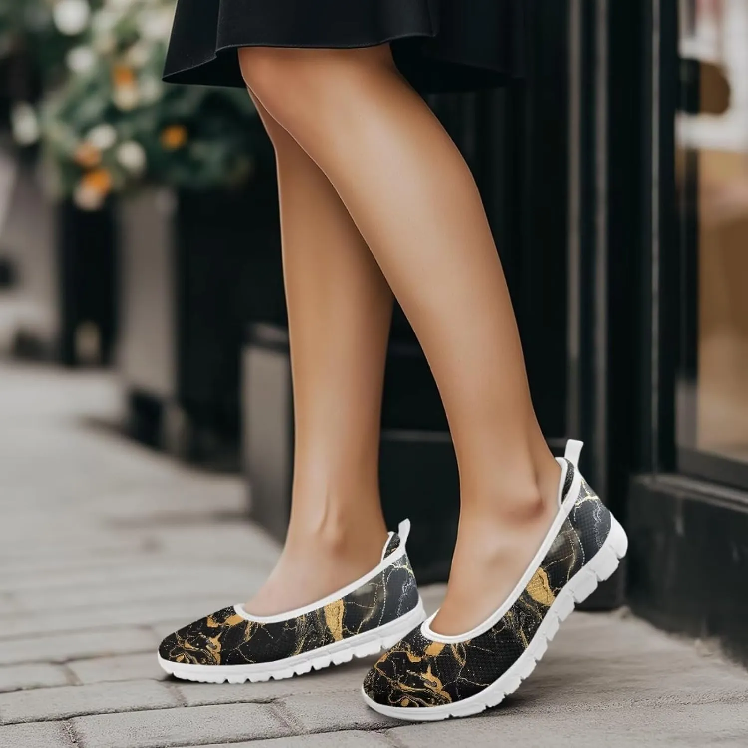 Various Stylish Marble Print Ballet Flats Shoes for Women Round Toe Slip On Mesh Casual Sneakers Fit Comfort Outdoor Walking Platform Loafers