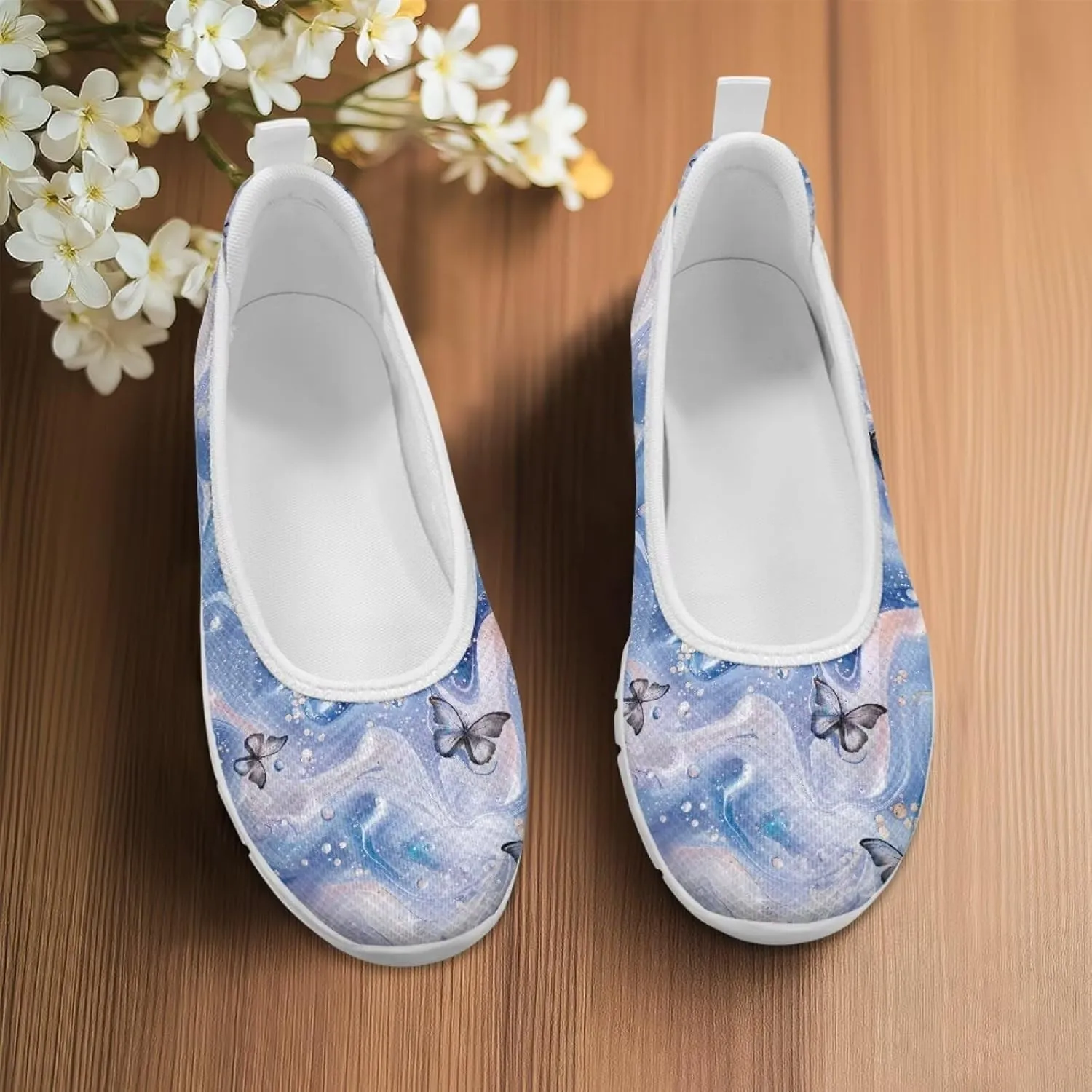 Various Stylish Marble Print Ballet Flats Shoes for Women Round Toe Slip On Mesh Casual Sneakers Fit Comfort Outdoor Walking Platform Loafers