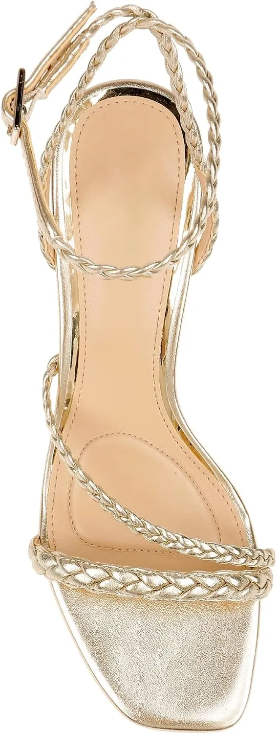 Vaslemuse Heels, Kitten Heels for Women, Strappy Sandals Braided Heels Ankle Strap Dress Pumps Square Open Toe Party Dance Shoes