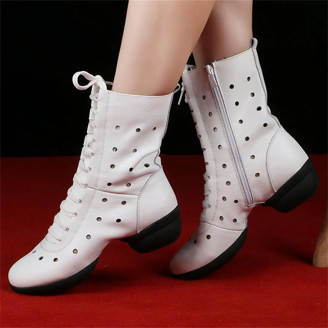 VEACAM Jazz Ballet Dance Boots, Lace-Up Dancing Sneakers for Women Leather High Top Ballroom Performance Shoes