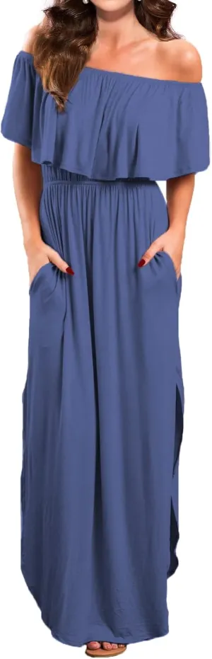 VERABENDI Women's Off Shoulder Summer Casual Long Ruffle Beach Maxi Dress with Pockets