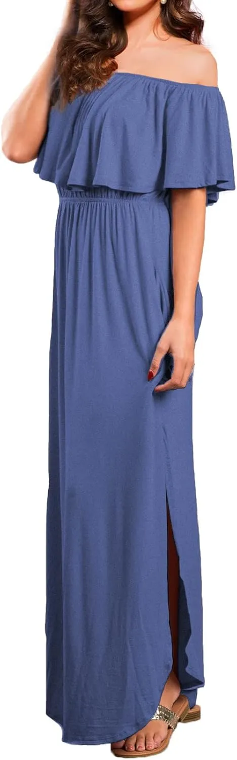 VERABENDI Women's Off Shoulder Summer Casual Long Ruffle Beach Maxi Dress with Pockets